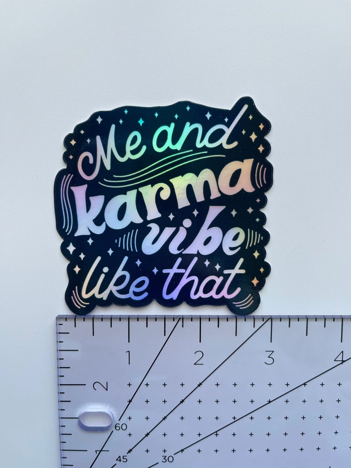 Me and Karma Vibe Like That holographic sticker MangoIllustrated
