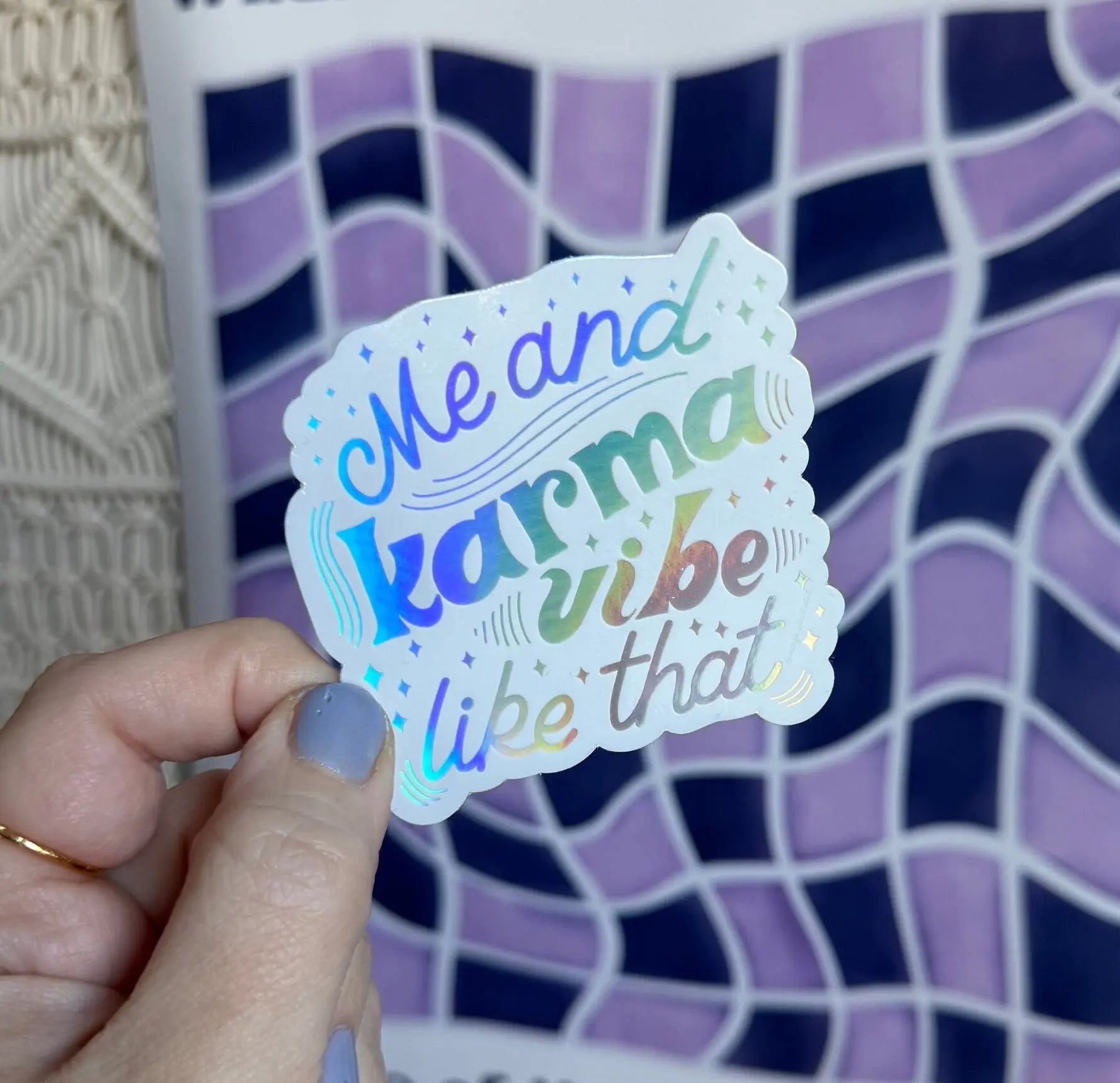 Me and Karma Vibe Like That white holographic sticker MangoIllustrated