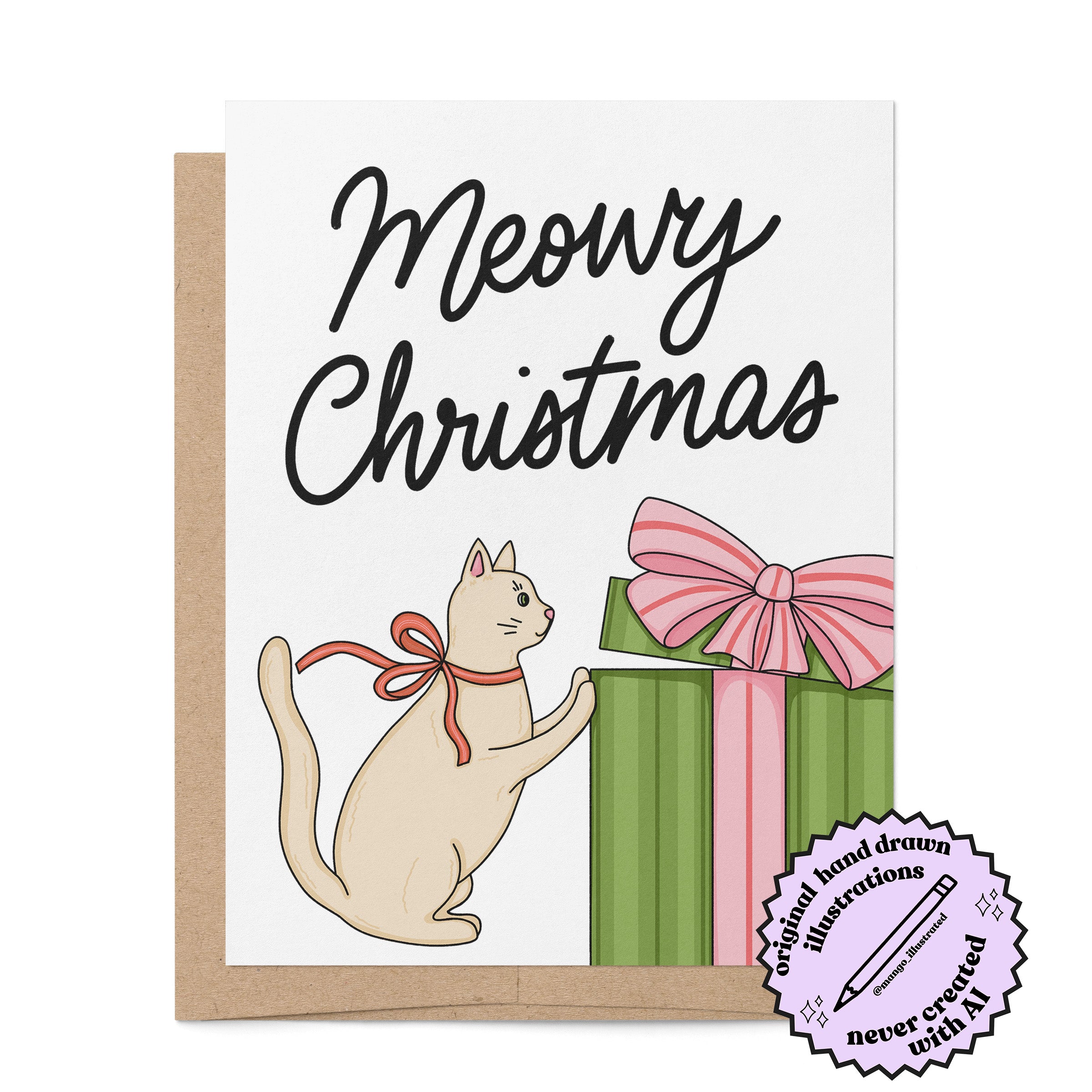Meowy Christmas illustrated holiday card badge — hand drawn cat with present Christmas card by MangoIllustrated