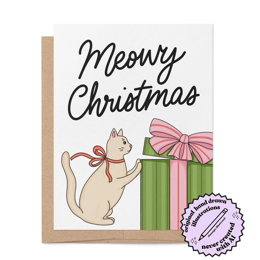 Meowy Christmas illustrated holiday card badge — hand drawn cat with present Christmas card by MangoIllustrated
