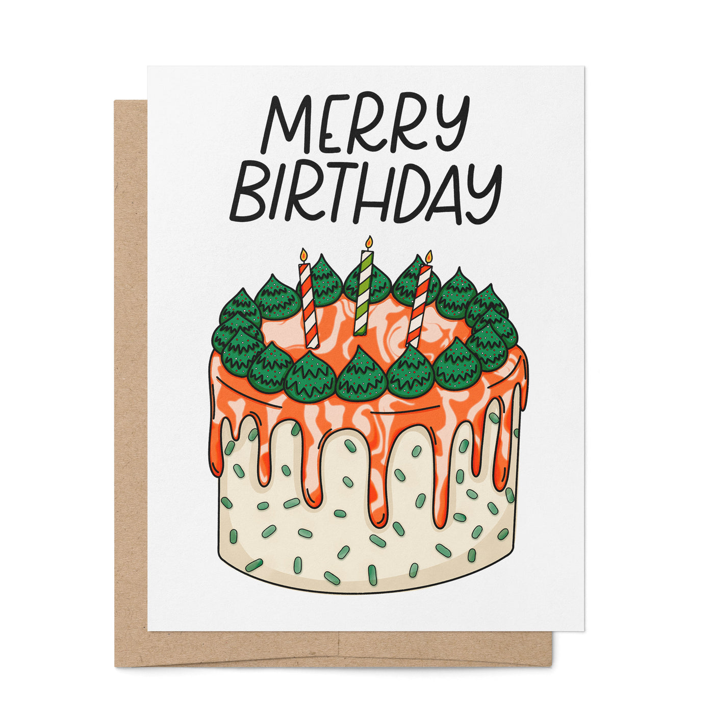 Merry Birthday card — hand drawn festive birthday cake holiday card by MangoIllustrated