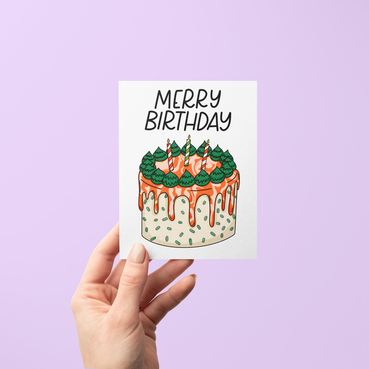 Merry Birthday card detail — funny December birthday greeting card by MangoIllustrated