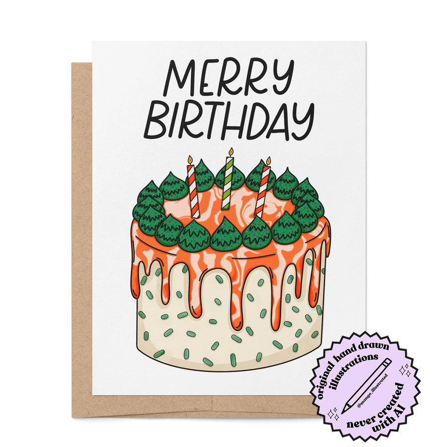 Merry Birthday holiday birthday card badge — illustrated festive birthday cake Christmas card by MangoIllustrated