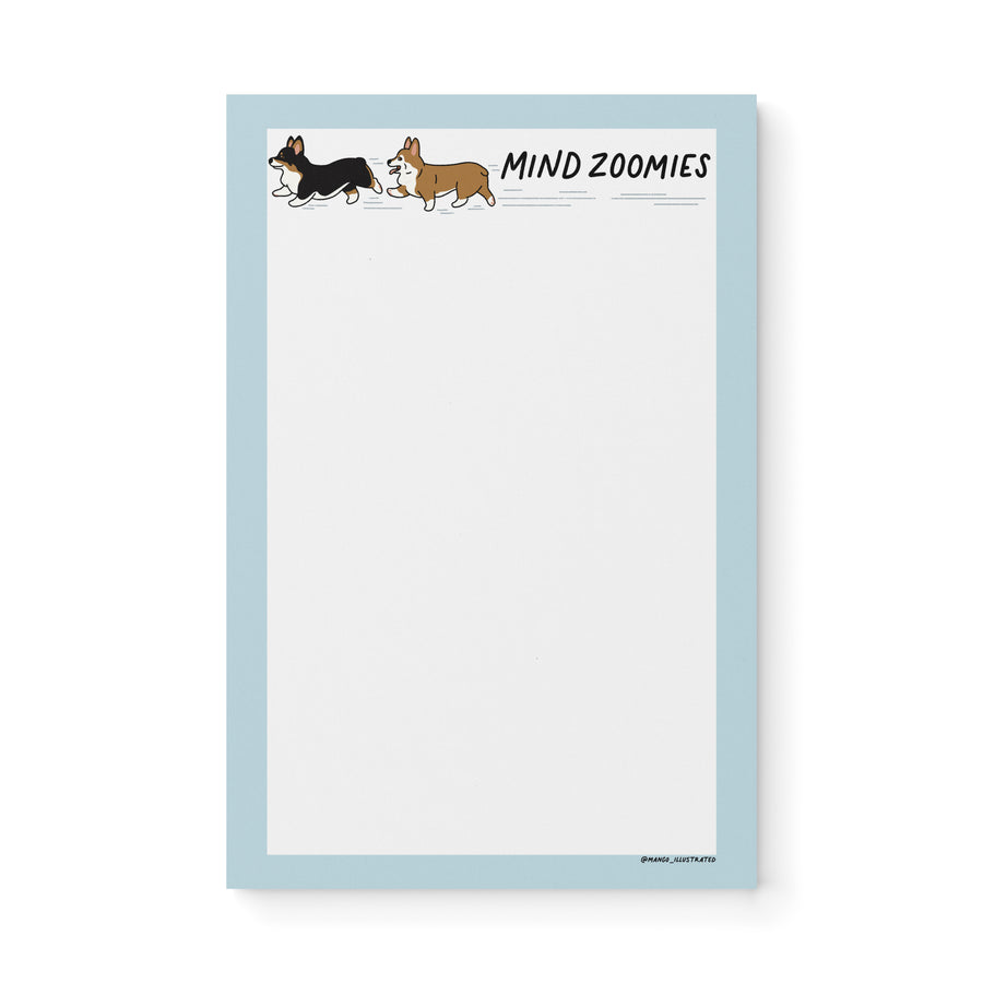 Mind Zoomies corgi notepad — illustrated ADHD brain dump notepad with corgi, 8.5 x 5.5 in, by MangoIllustrated