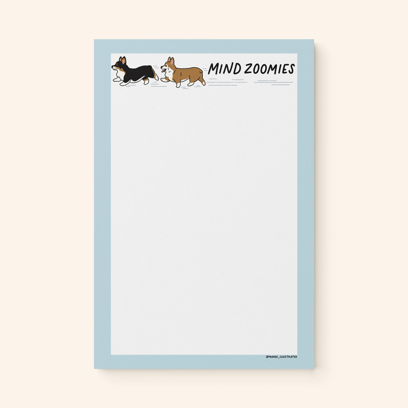 Mind Zoomies corgi notepad flat lay — funny corgi notepad for racing thoughts by indie artist MangoIllustrated