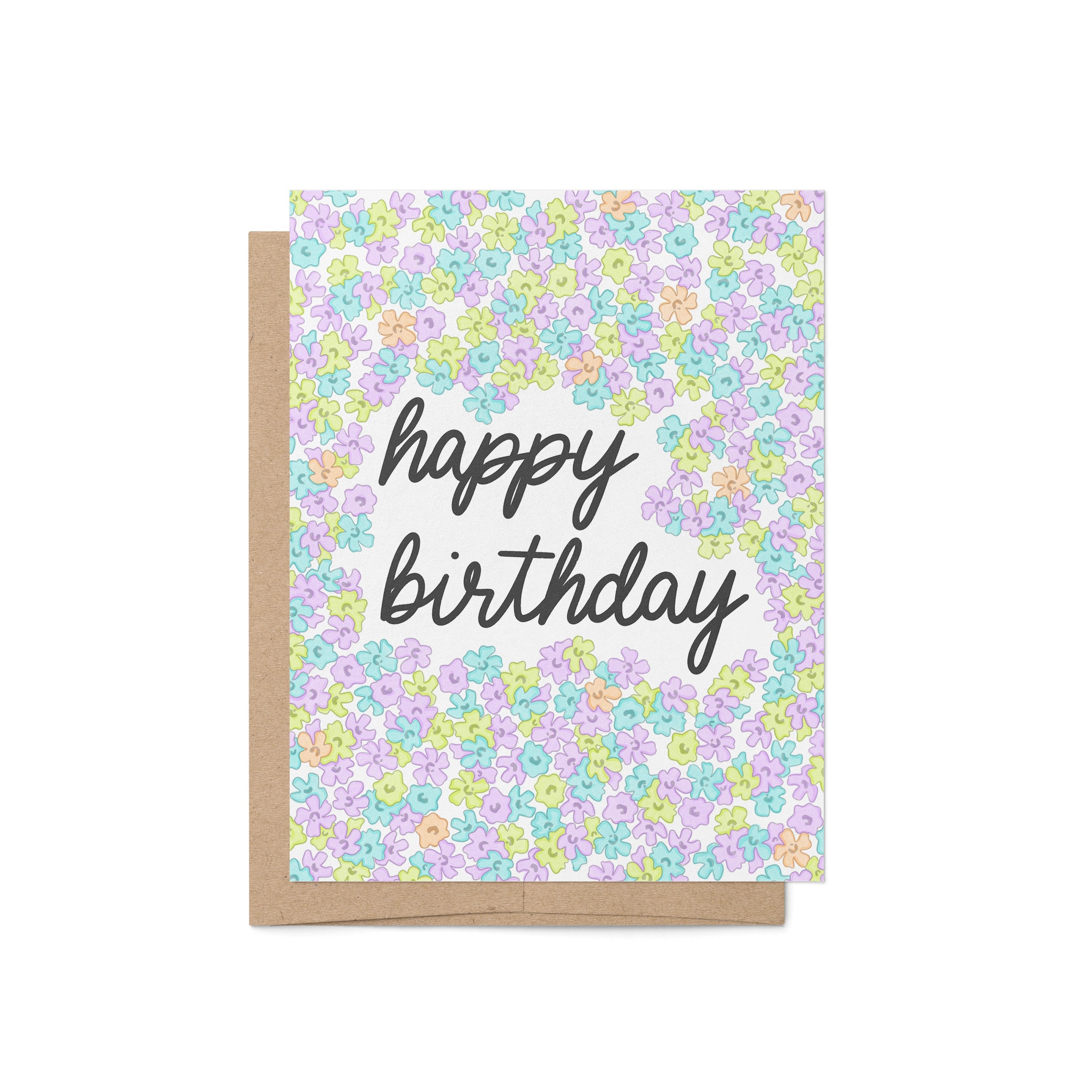 neon floral birthday card—featuring hand-lettered script and bold purple, blue, and green flower doodles.