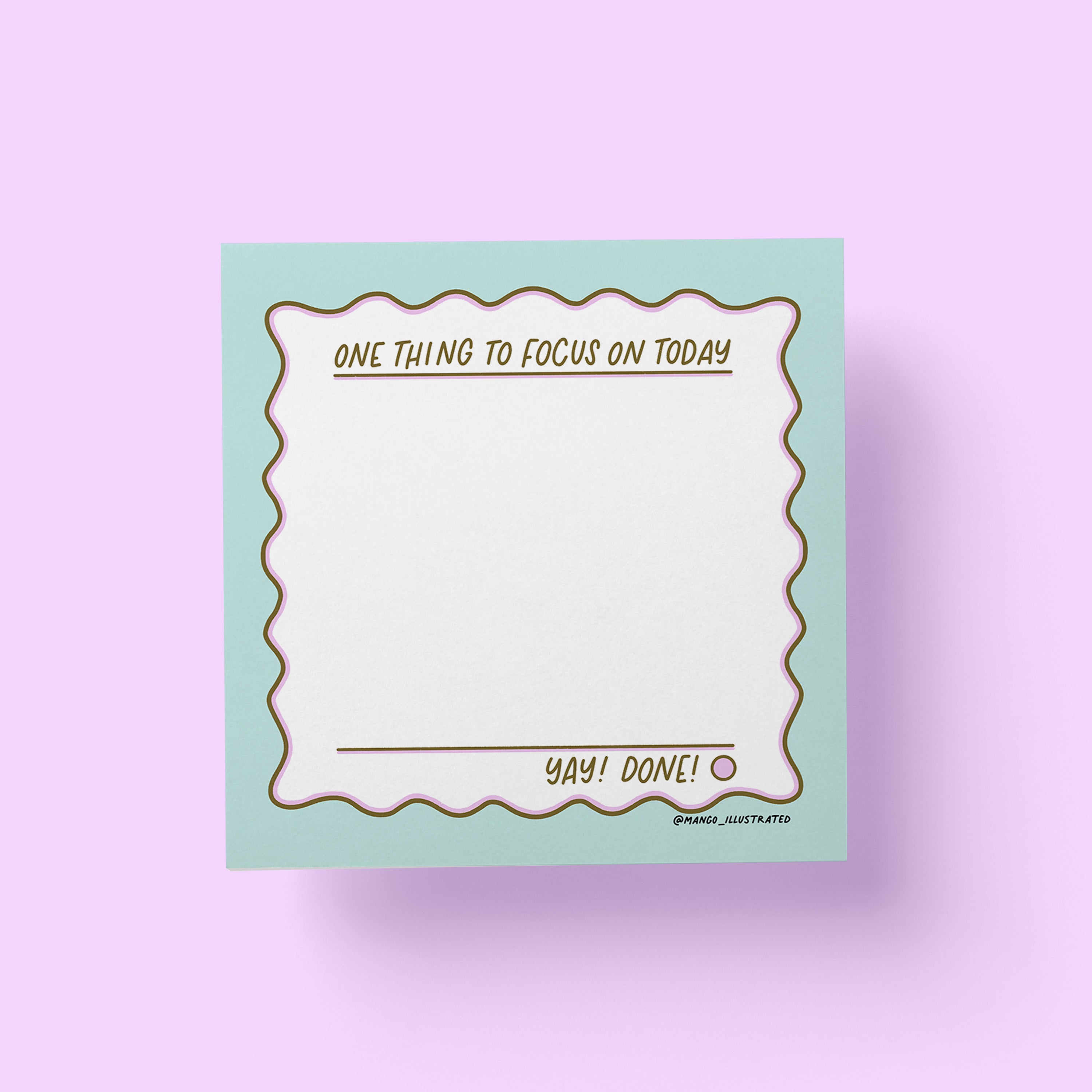 One Thing To Focus On sticky notes flat lay — productivity desk accessory by indie artist MangoIllustrated