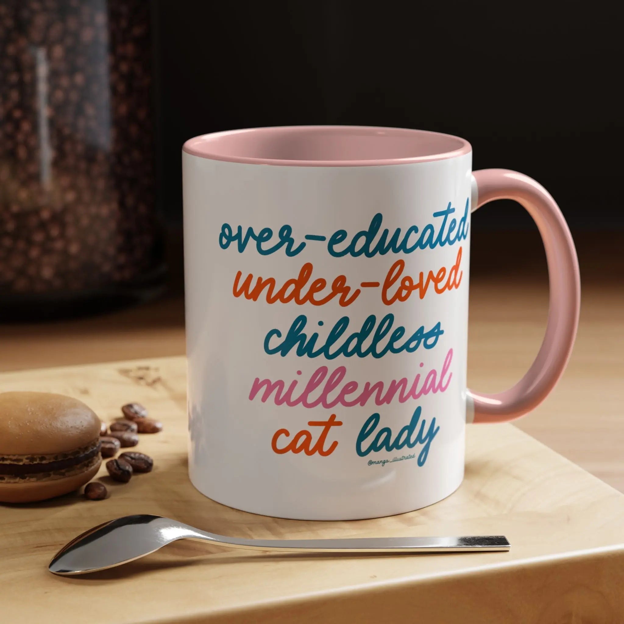 Over - educated under - loved childless millennial Cat Lady Mug - MangoIllustrated - Mug