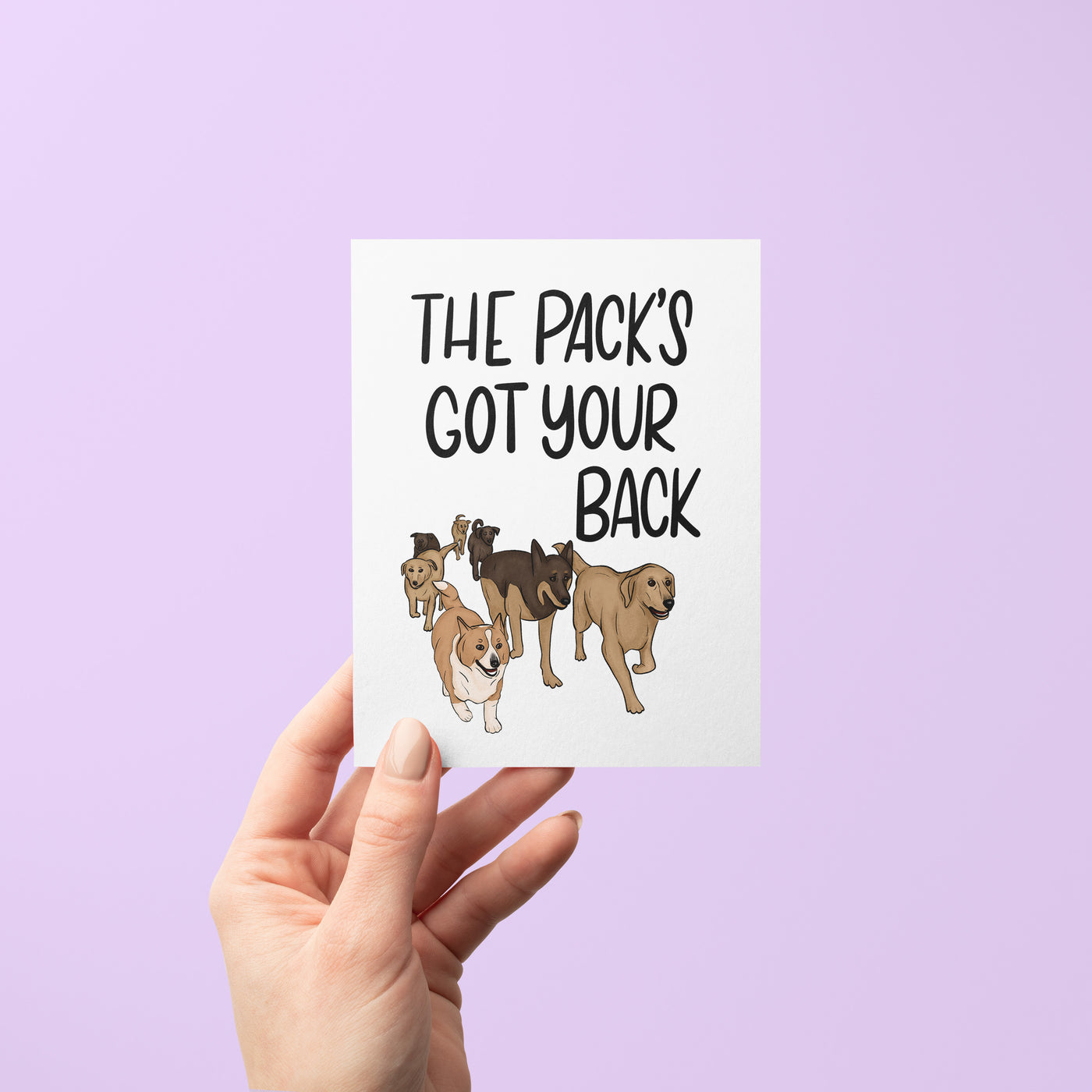 Pack's Got Your Back card flat — illustrated viral corgi pack friendship card by MangoIllustrated