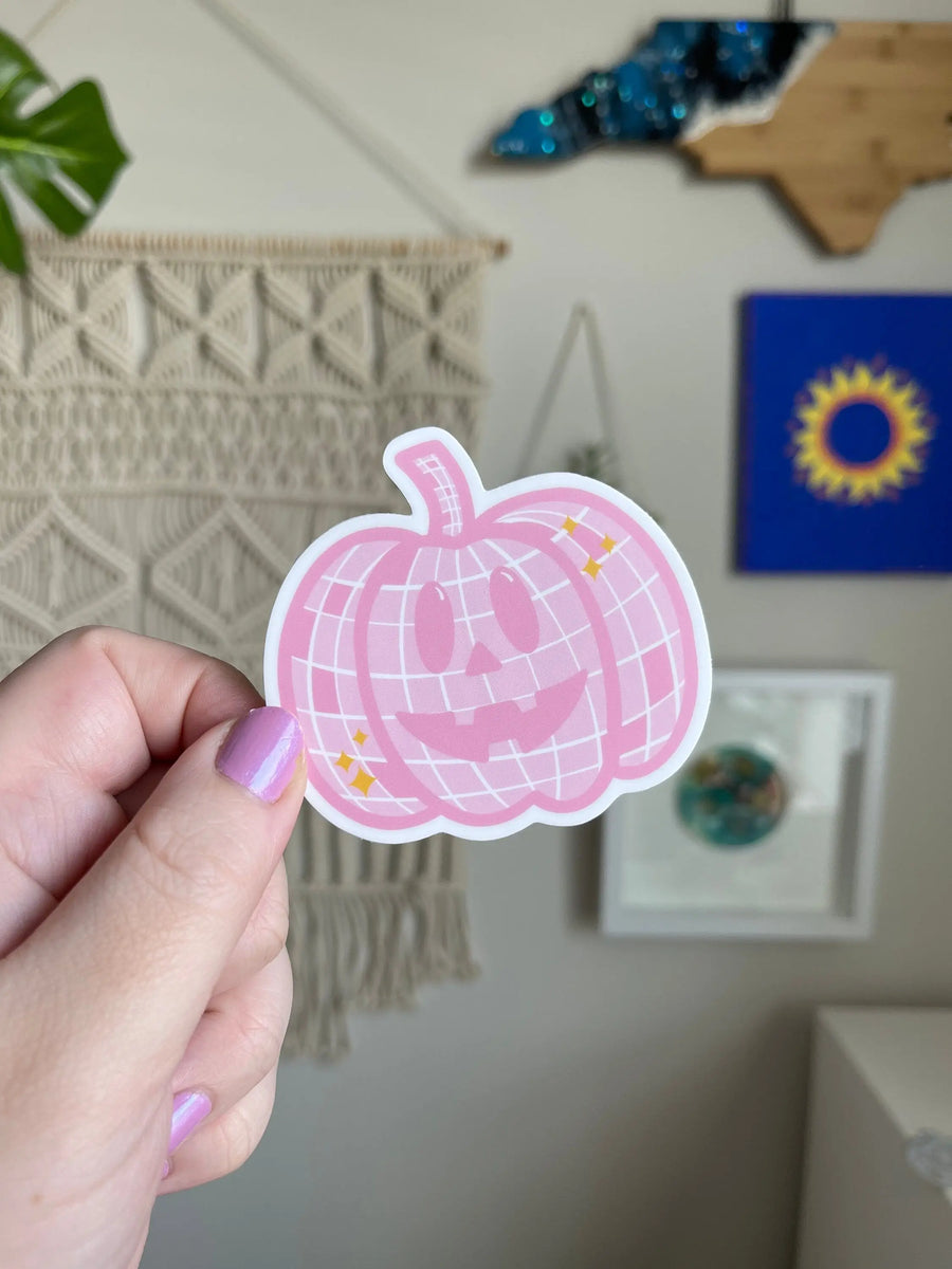 Pink disco ball pumpkin sticker MangoIllustrated