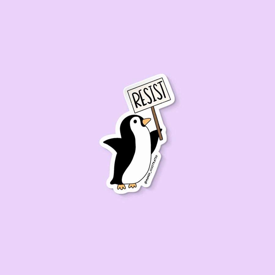 Protesting penguin sticker - penguin holding "resist" protest sign decal