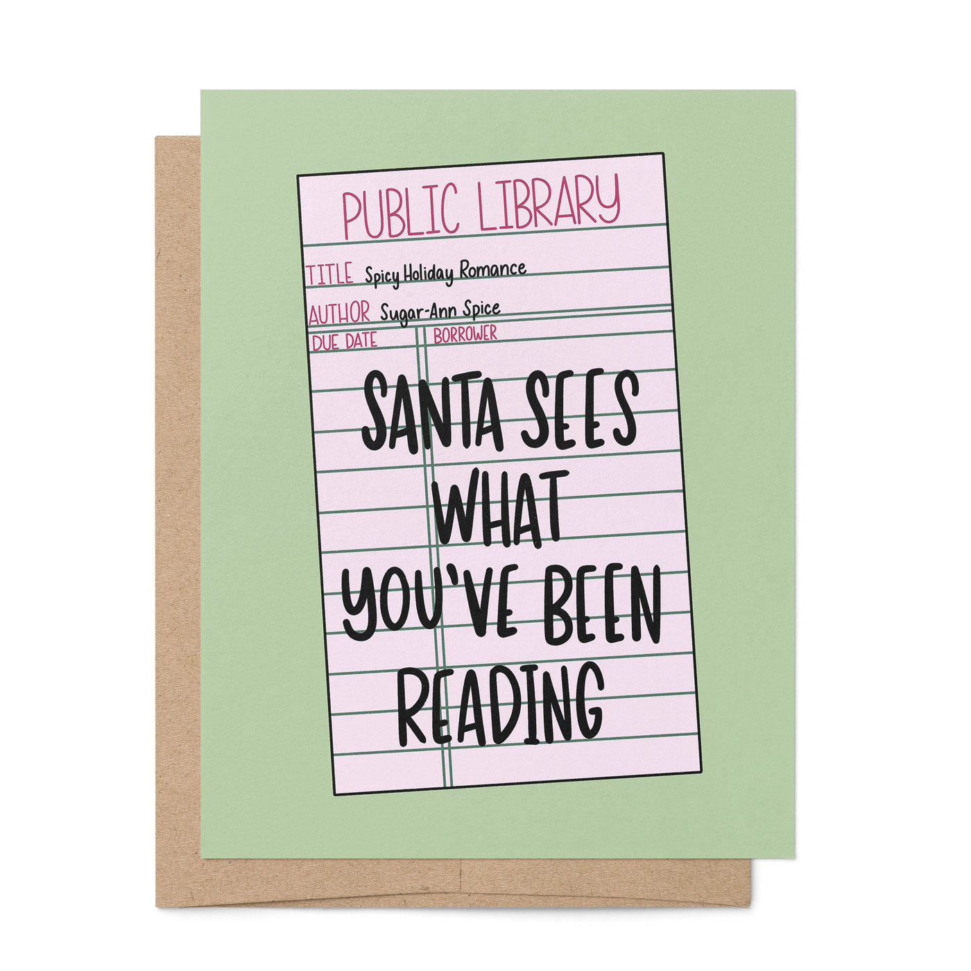 Santa Sees What Youve Been Reading card — illustrated bookish Christmas card by MangoIllustrated