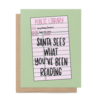 Santa Sees What Youve Been Reading card — illustrated bookish Christmas card by MangoIllustrated