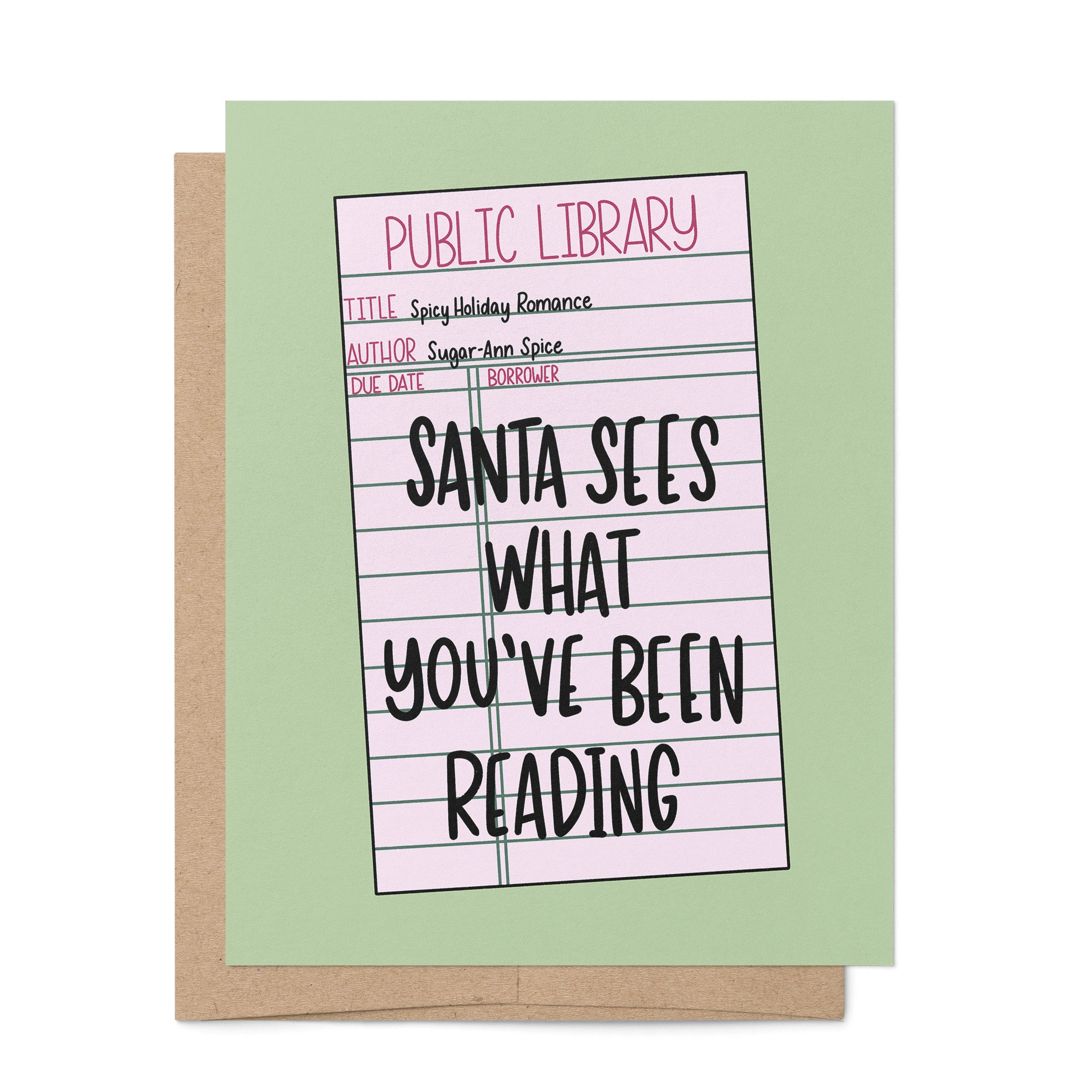 Santa Sees What Youve Been Reading card — illustrated bookish Christmas card by MangoIllustrated