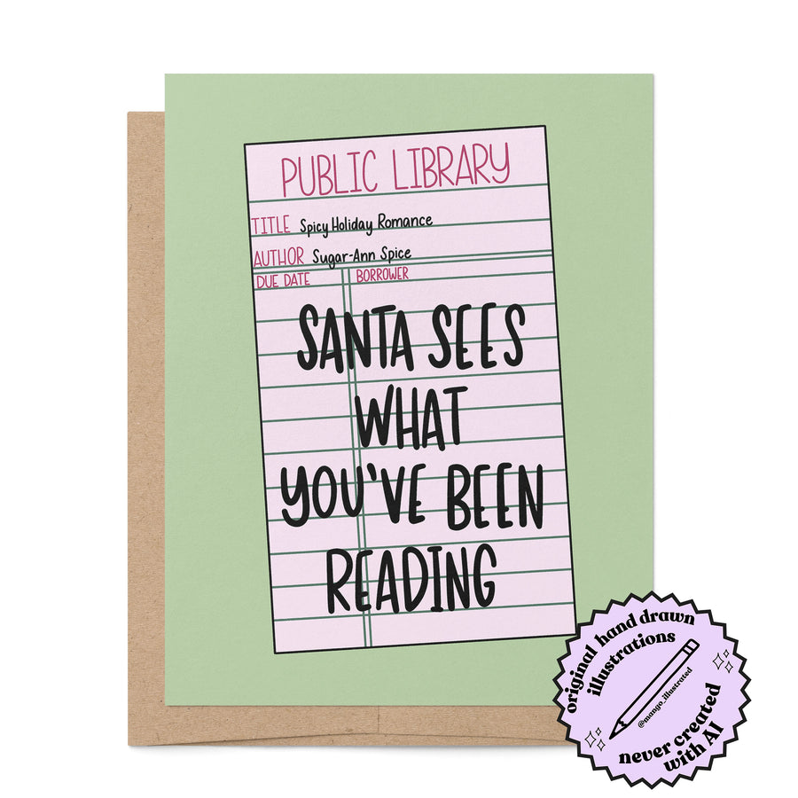 Santa Sees What Youve Been Reading bookish holiday card badge — hand drawn library due date card by MangoIllustrated