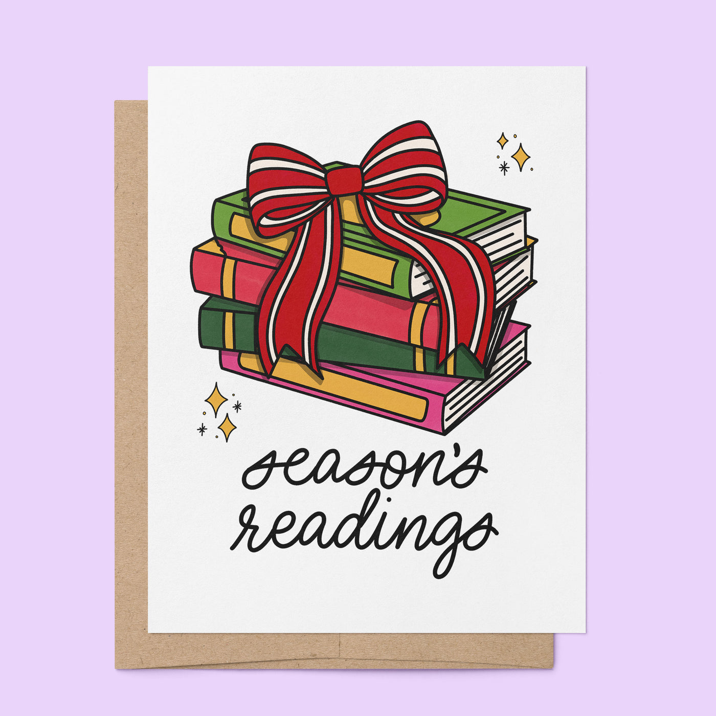 Season's Readings holiday card — illustrated holiday book stack greeting card by MangoIllustrated