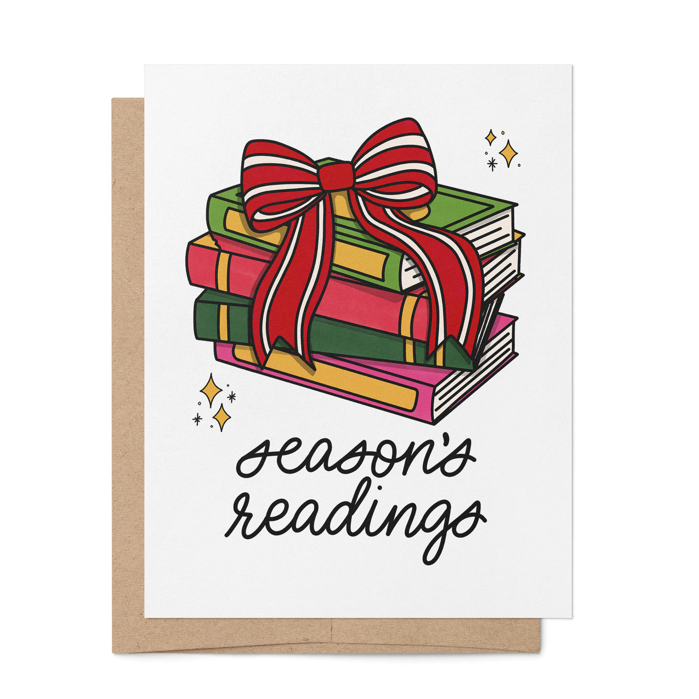 Season's Readings card styled — illustrated bookish Christmas card for readers by MangoIllustrated