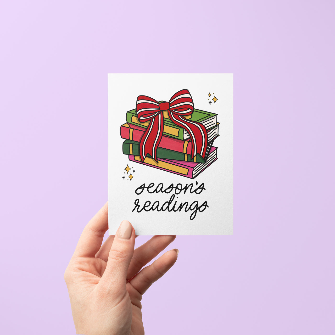 Season's Readings card detail — hand lettered holiday card for book lovers by MangoIllustrated