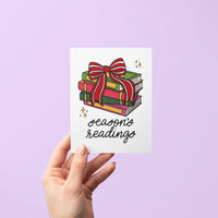 Season's Readings card detail — hand lettered holiday card for book lovers by MangoIllustrated