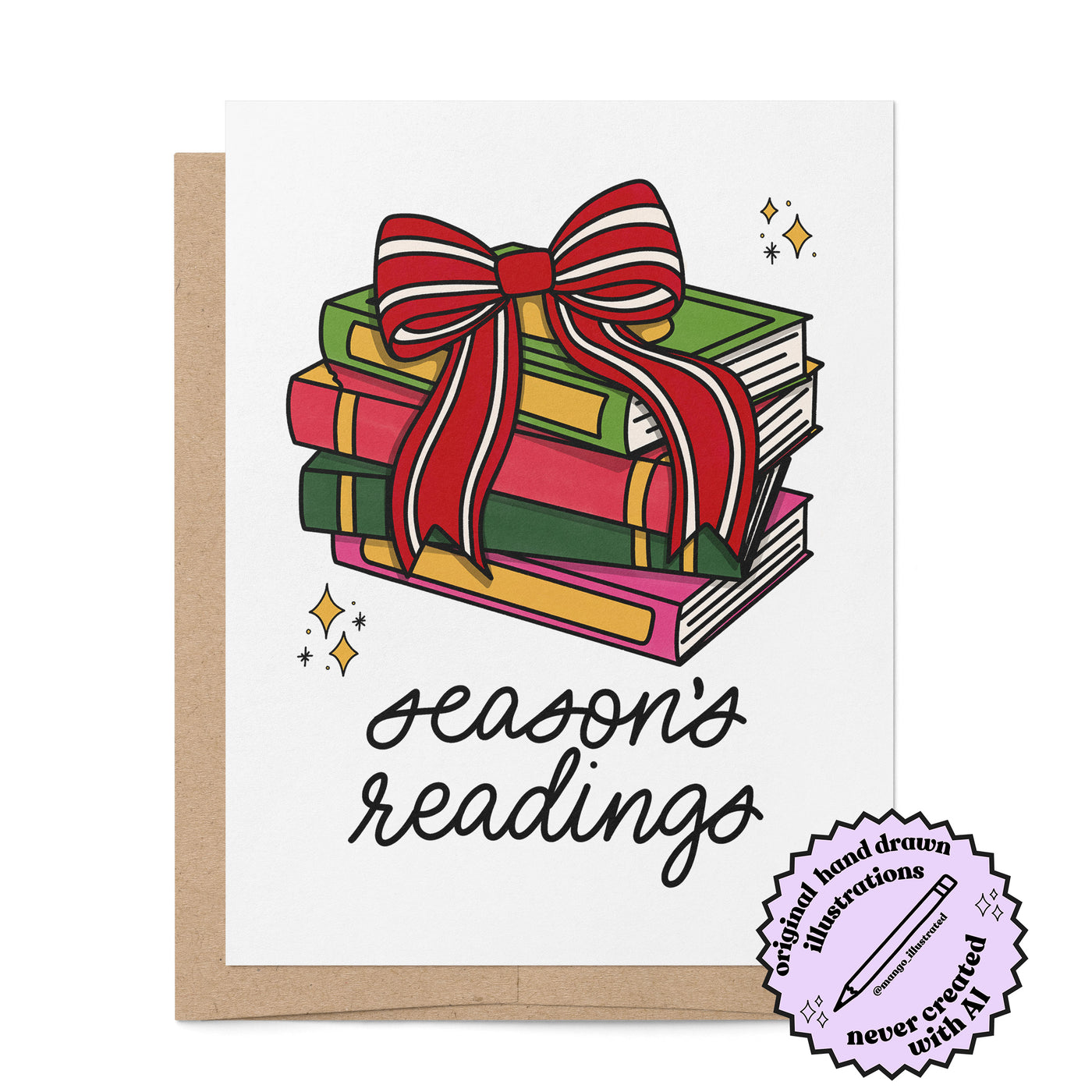 Season's Readings bookish holiday card badge — illustrated holiday book stack by MangoIllustrated