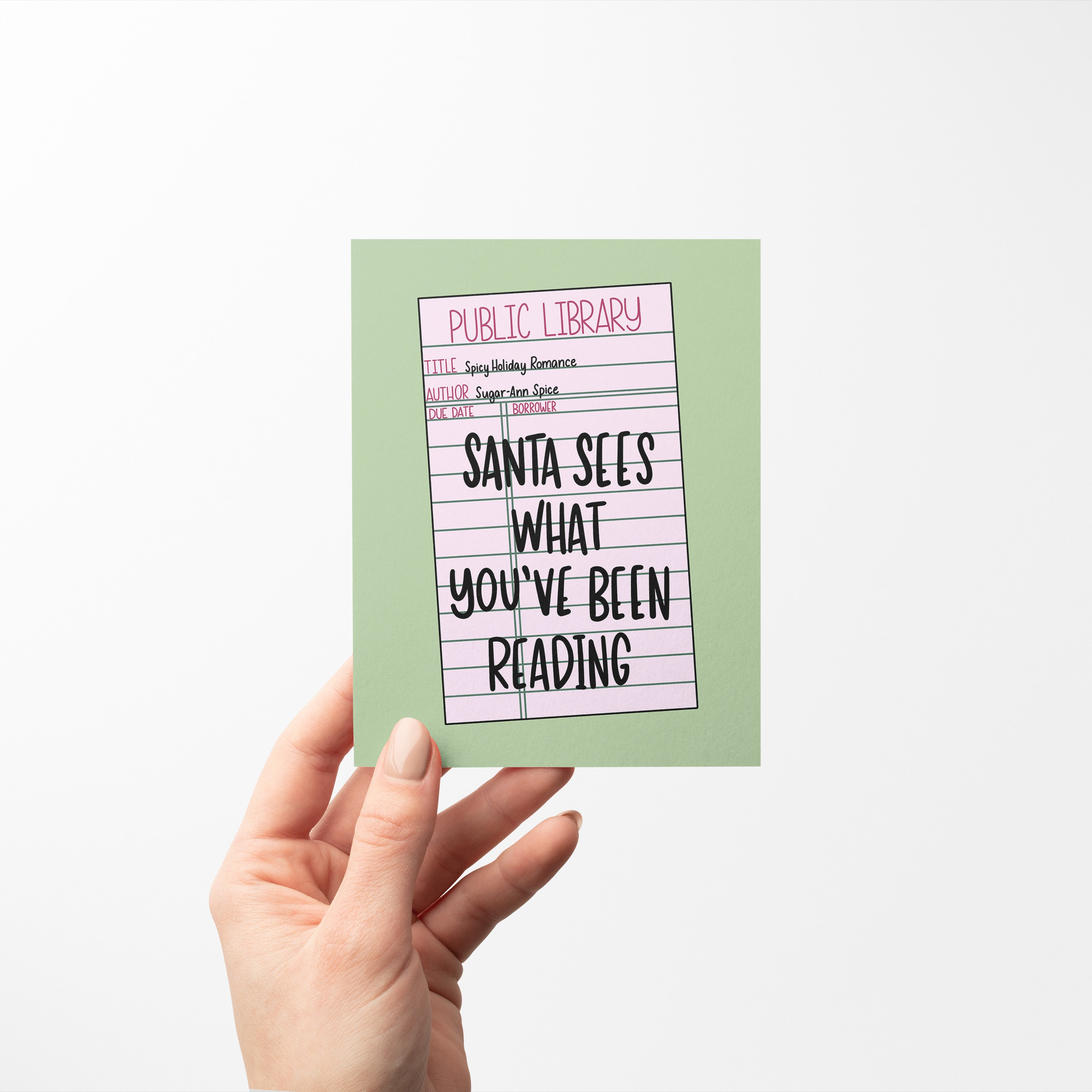 Santa Sees What Youve Been Reading card detail — funny bookish holiday card by MangoIllustrated