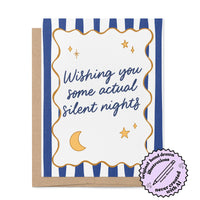 Silent Nights holiday card badge — illustrated navy stripe retro Christmas card by MangoIllustrated