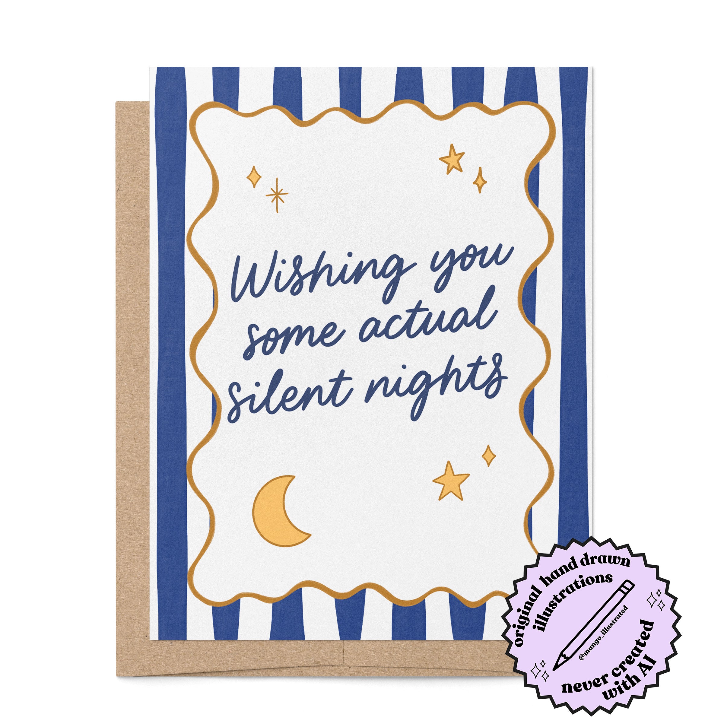 Silent Nights holiday card badge — illustrated navy stripe retro Christmas card by MangoIllustrated