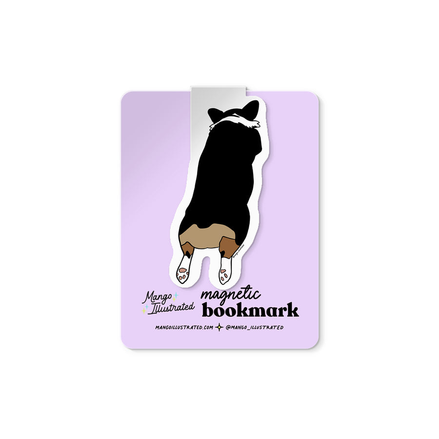Magnetic bookmark with a dog illustration on a purple card
