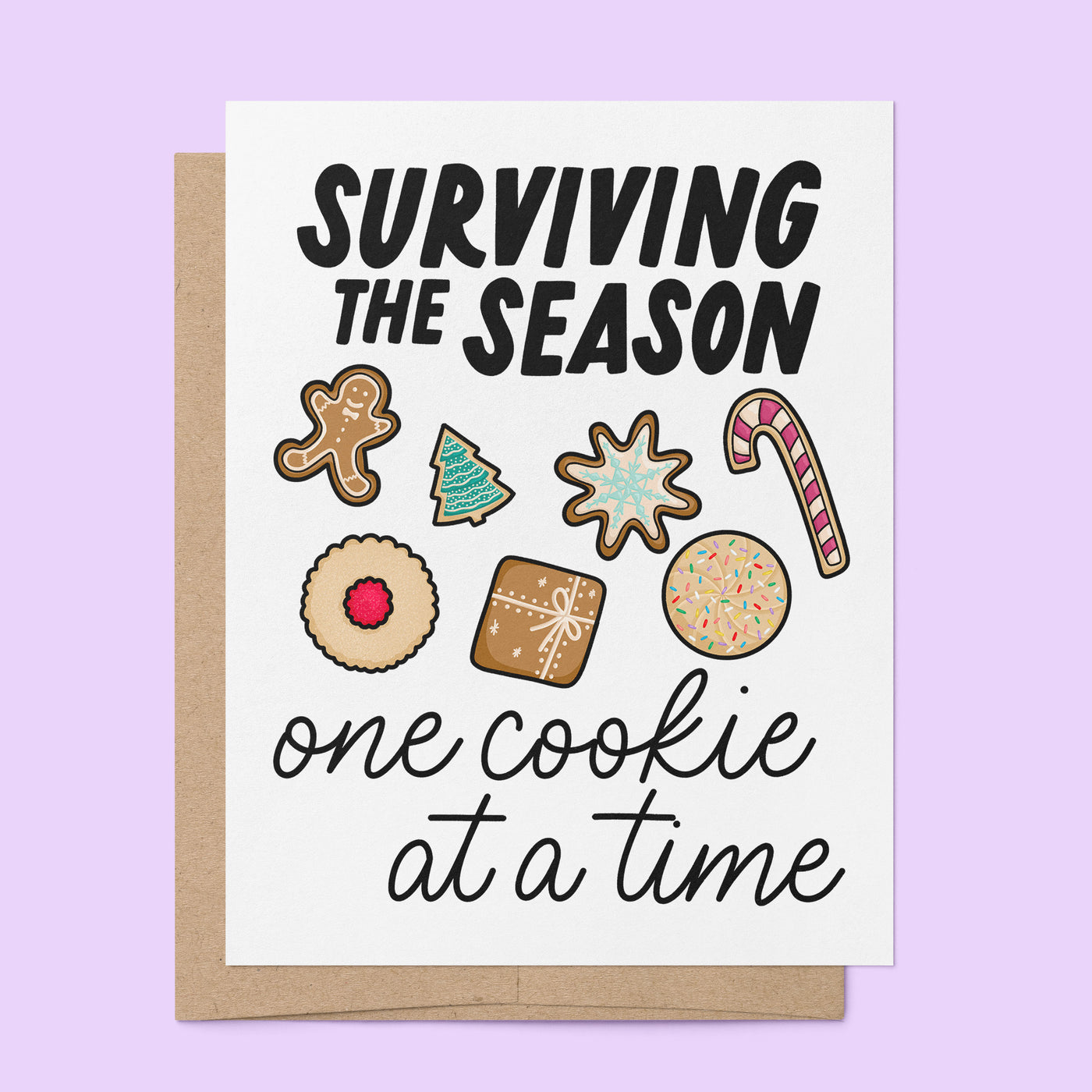 Surviving the Season Cookie card — hand lettered illustrated holiday card by MangoIllustrated