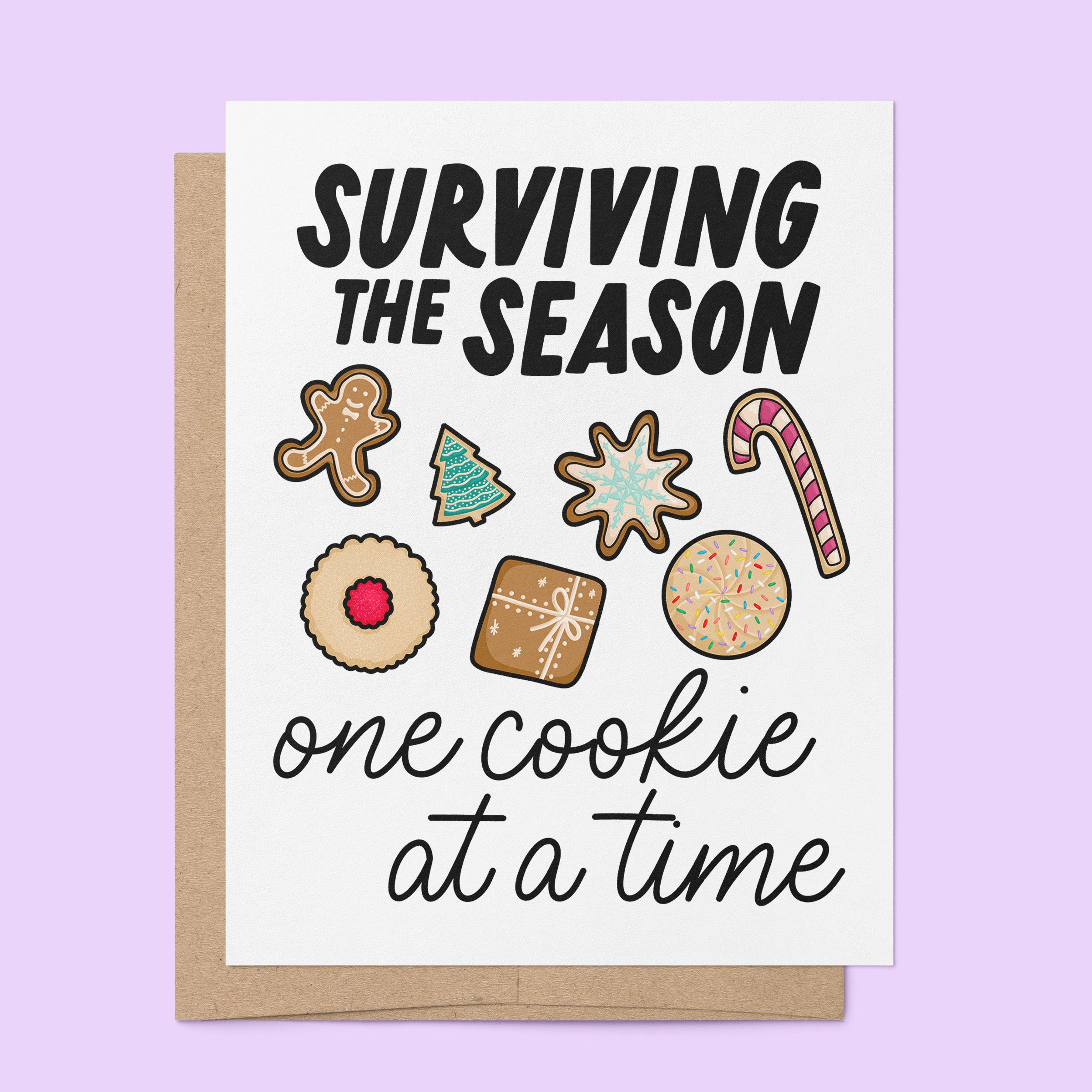 Surviving the Season Cookie card — hand lettered illustrated holiday card by MangoIllustrated