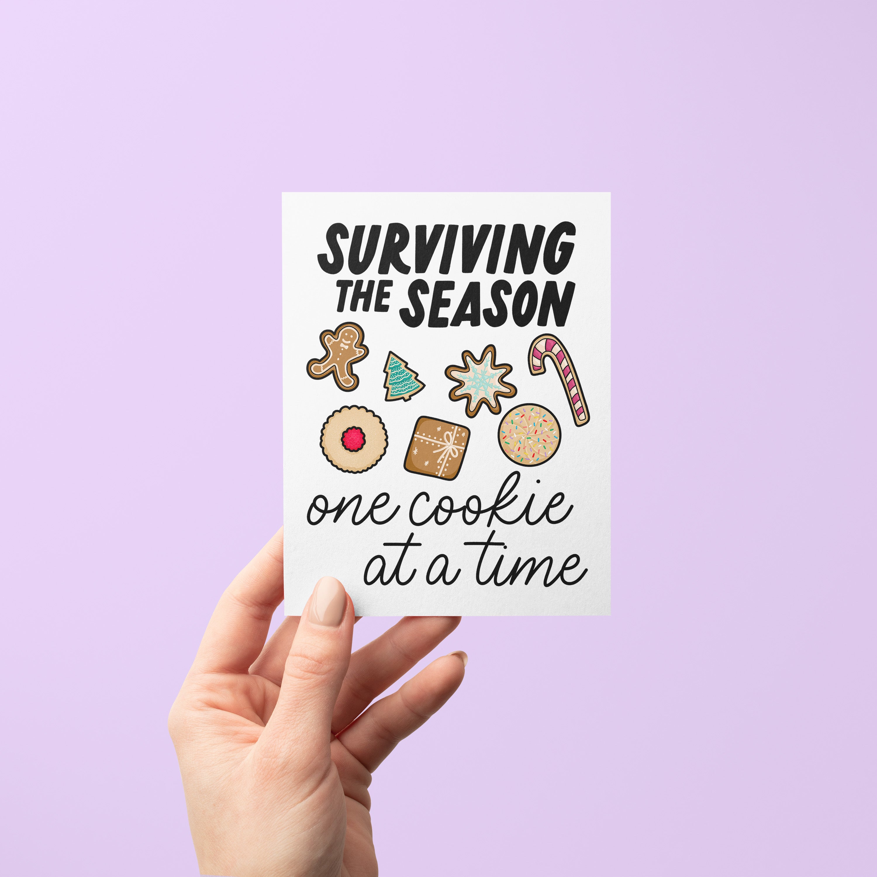 Surviving the Season card detail — funny relatable Christmas cookie greeting card by MangoIllustrated