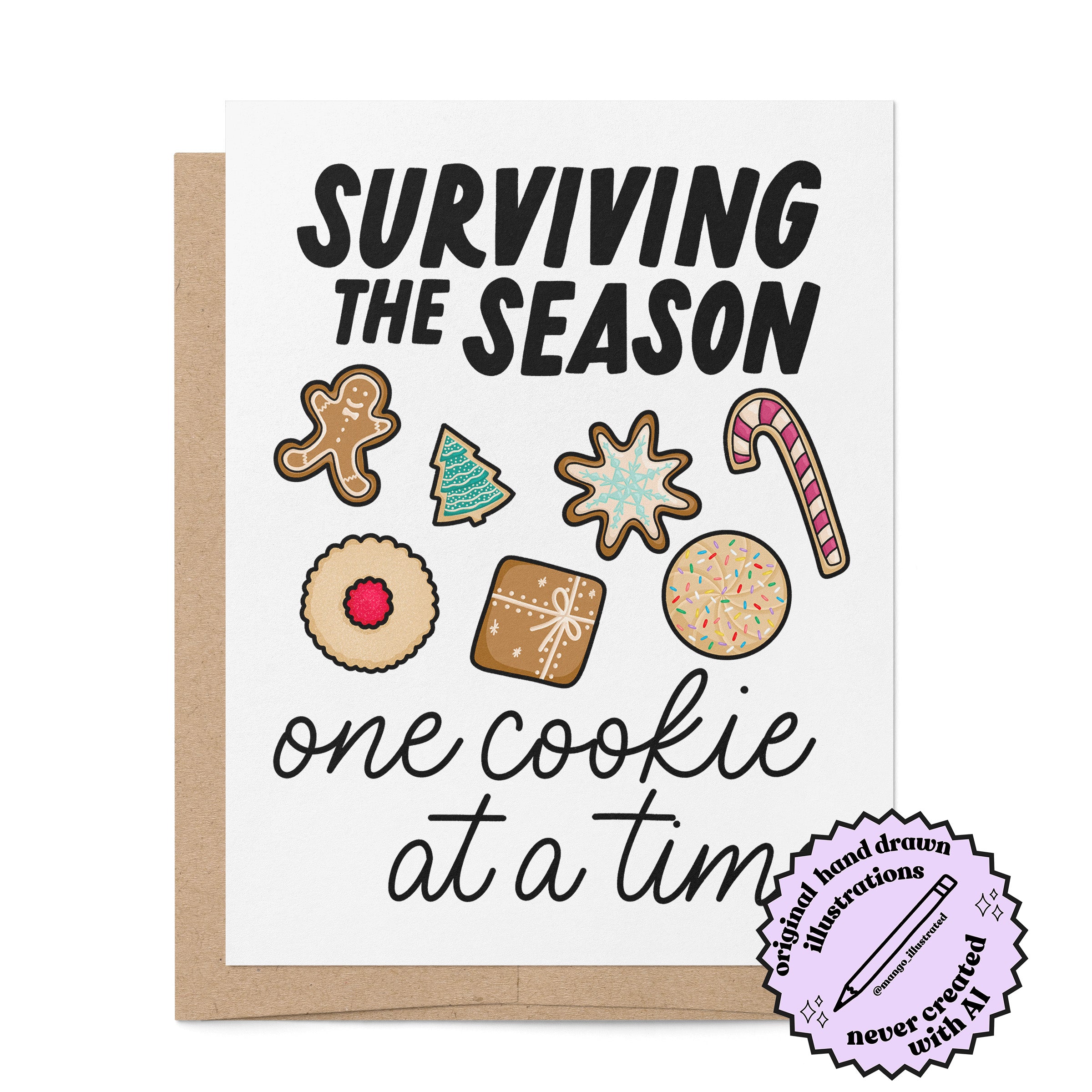 Surviving the Season Cookie holiday card badge — illustrated Christmas cookie greeting card by MangoIllustrated