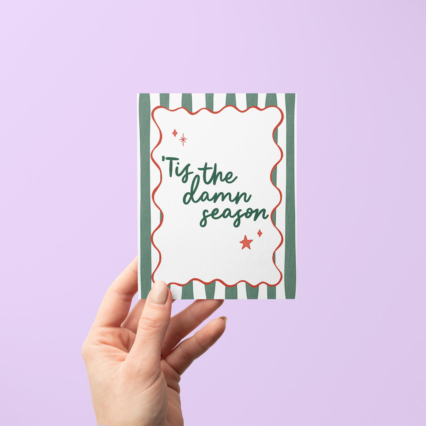 Tis the Damn Season card detail — hand lettered retro holiday greeting card by MangoIllustrated