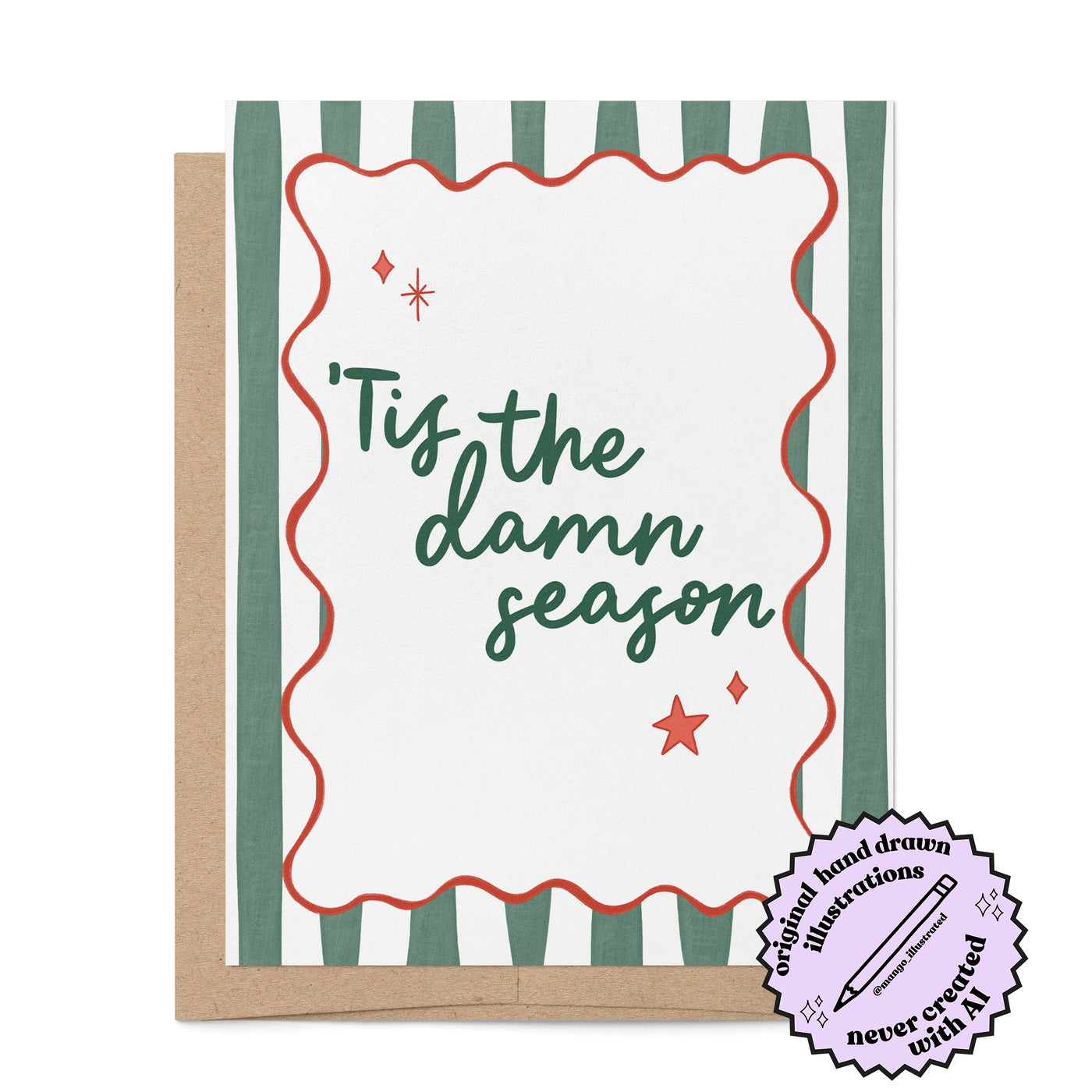 Tis the Damn Season Stripes holiday card badge — retro green stripe illustrated Christmas card by MangoIllustrated