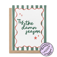 Tis the Damn Season Stripes holiday card badge — retro green stripe illustrated Christmas card by MangoIllustrated