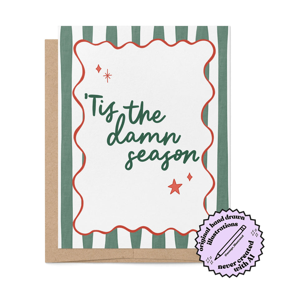 Tis the Damn Season Stripes holiday card badge — retro green stripe illustrated Christmas card by MangoIllustrated