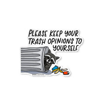 Keep Your Trash Opinions raccoon sticker styled — illustrated trash panda sassy sticker by MangoIllustrated