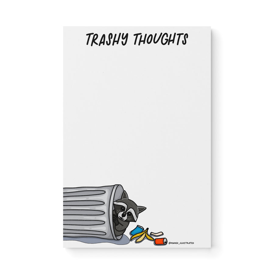 Trashy Thoughts raccoon notepad — illustrated raccoon brain dump notepad, 8.5 x 5.5 in, by MangoIllustrated