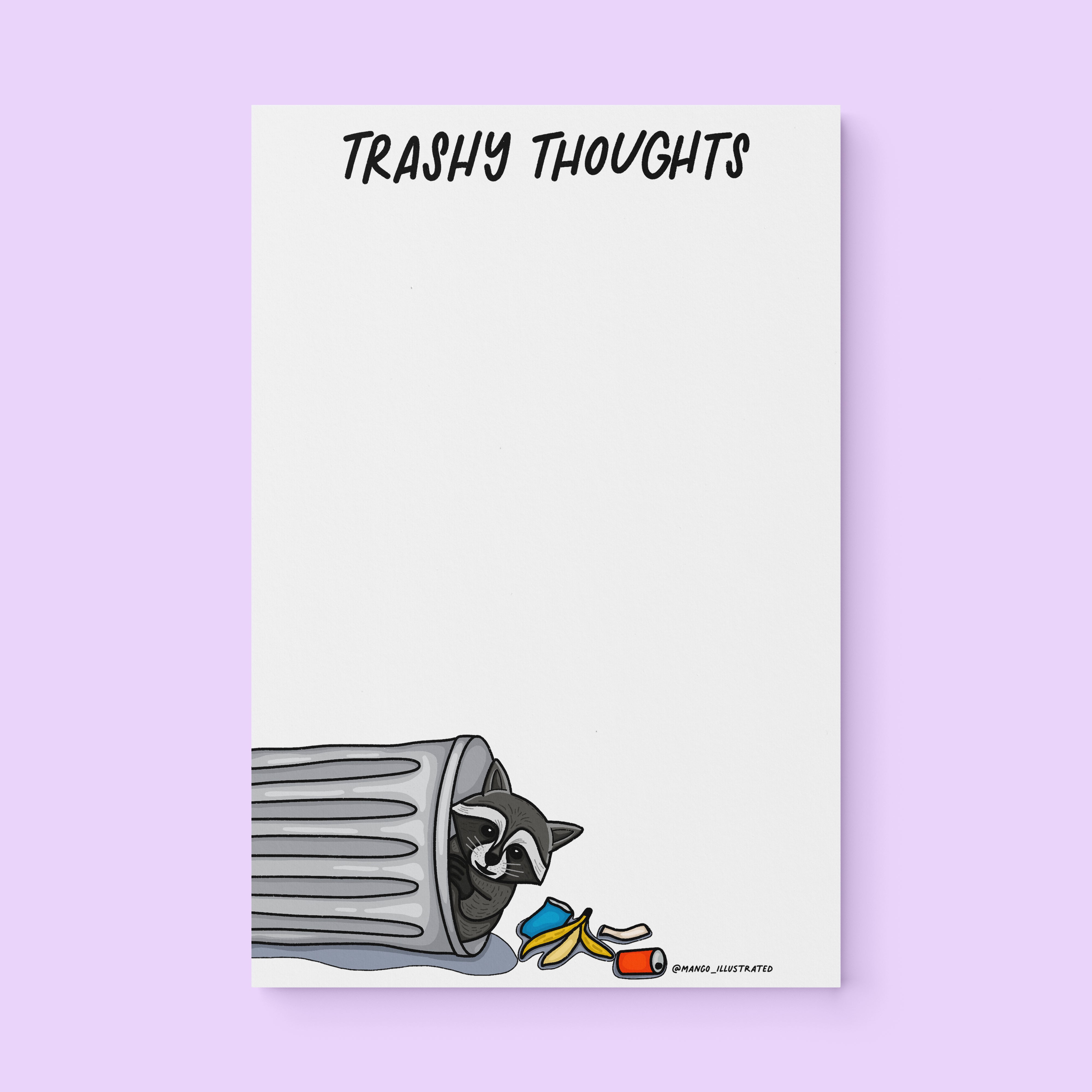 Trashy Thoughts raccoon notepad flat lay — funny trash panda notepad by indie artist MangoIllustrated