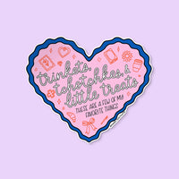 Trinkets Tchotchkes and Little Treats sticker flat lay — relatable little treats illustrated sticker by MangoIllustrated