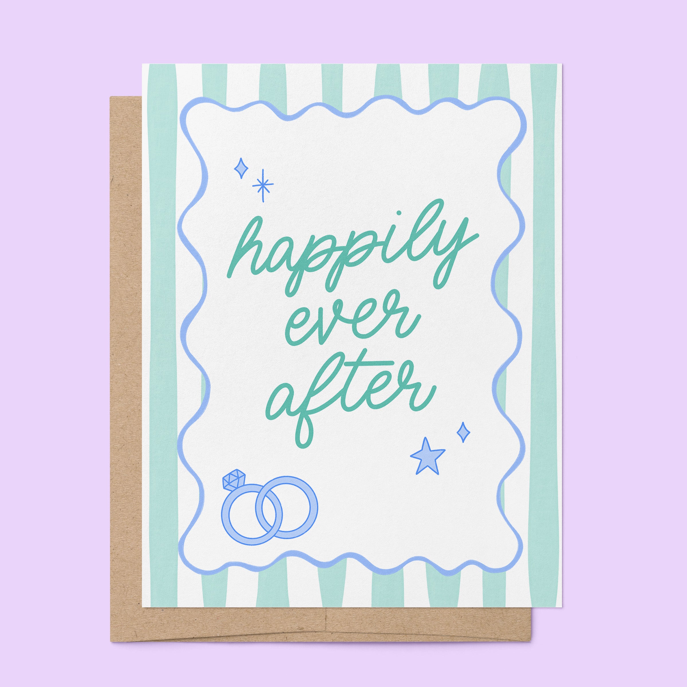 Happily Ever After illustrated wedding card by MangoIllustrated — retro stripes ring illustration