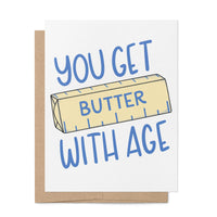 You Get Butter With Age birthday card with A2 kraft envelope — foodie birthday card by MangoIllustrated