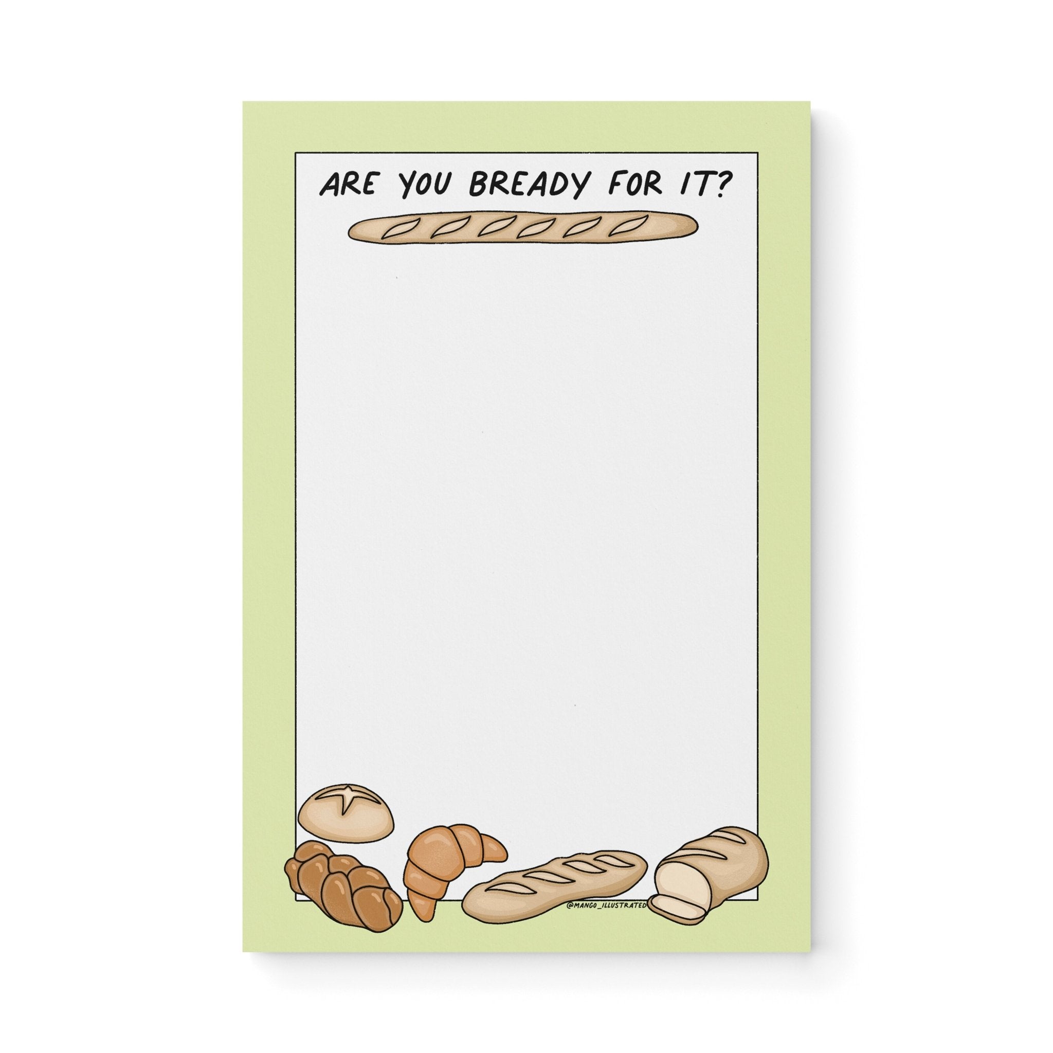 Notepad with green border, bread illustrations (baguette, croissant, loaf), and text “Are You Bready For It?” – cute Swiftie bread-themed stationery gift.