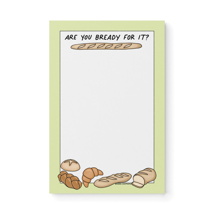 Notepad with green border, bread illustrations (baguette, croissant, loaf), and text “Are You Bready For It?” – cute Swiftie bread-themed stationery gift.