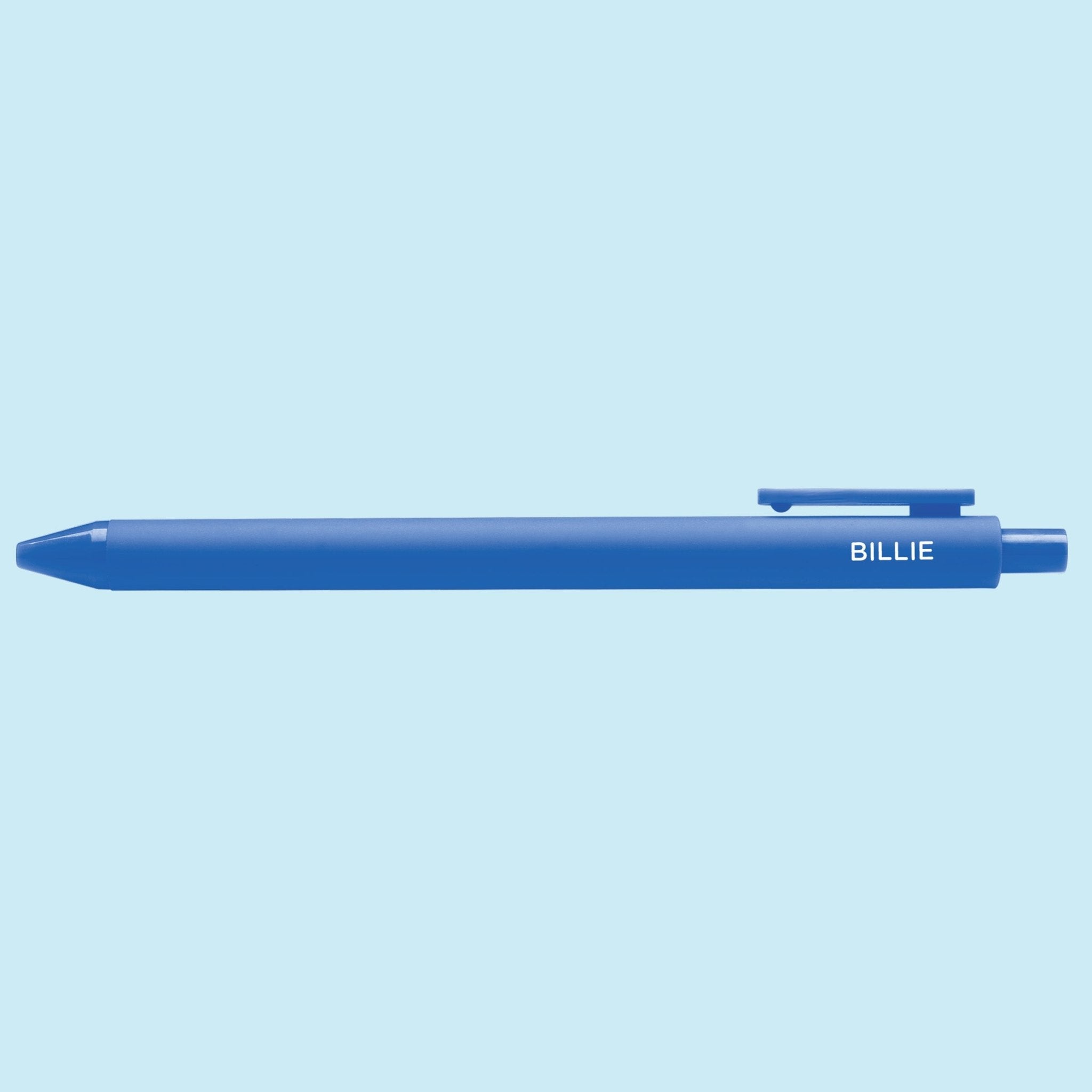 Blue pen with "Billie" text on a light blue background
