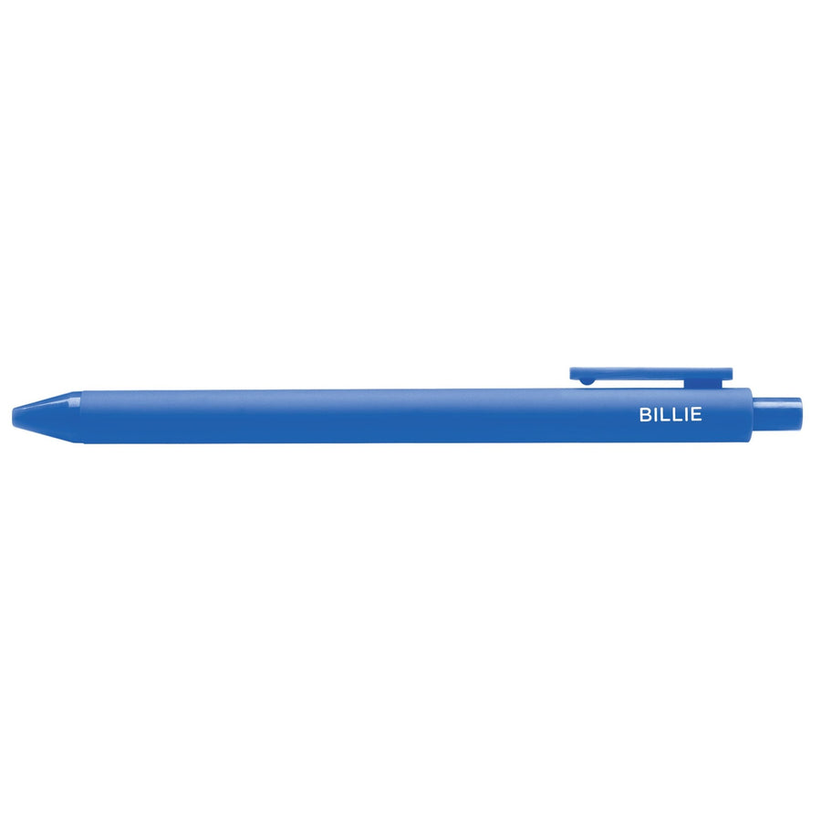 Blue pen with "Billie" text on a white background