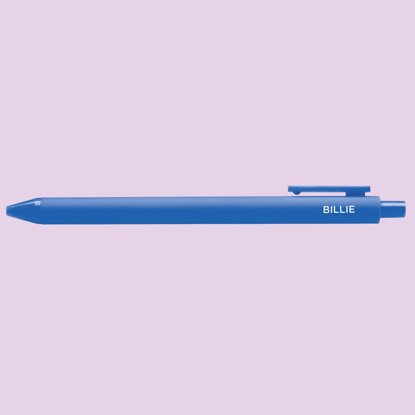 Blue pen with "Billie" text on a light purple background