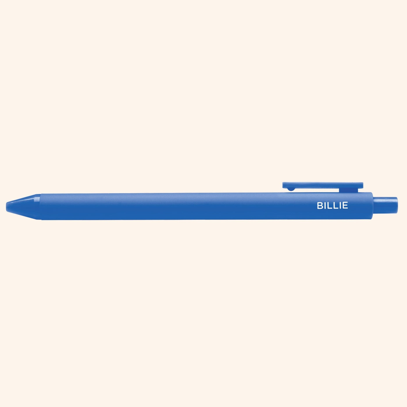 Blue pen with "Billie" text  on a white background