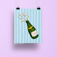 8x10 Champagne art print featuring a green champagne bottle popping with golden fizz against a blue and white striped background