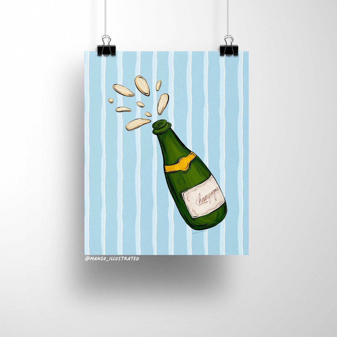 8x10 Champagne art print featuring a green champagne bottle popping with golden fizz against a blue and white striped background